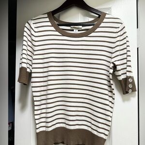 Striped Short Sleeve Sweater - White & Brown